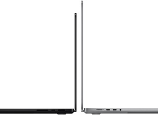 14palcový a 16palcový MacBook Pro zadními stranami u sebe na ilustraci rozdílu ve velikostech a zdůraznění úzkého profilu